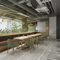Modern Restaurant Interior With Wooden Dining Tables Green Chairs Long Bench Seating And Hanging Lights