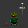 Green Food Truck With Banana Decorations Street Lamp Banana St Avenue Sign Small Table Chair