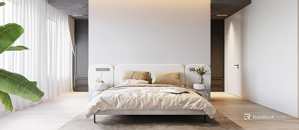 Modern Bedroom Interior Design With Light Colored Bed And Nightstands With Flowers 3d model 