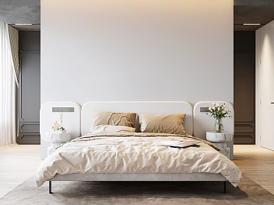 Modern Bedroom Interior Design With Light Colored Bed And Nightstands With Flowers 3d model