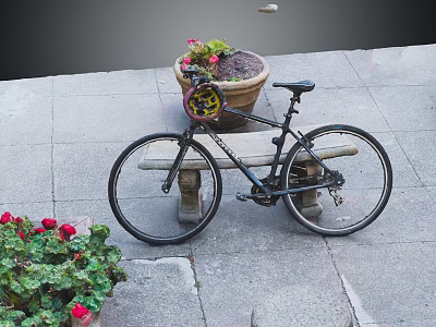 Bicycle Parked Near Stone Bench With Flower Pot And Red Blooms 3d model