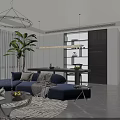 Modern Living and Dining Area Interior With Blue Sofa White Curtains And Large Plant