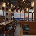 Cozy Japanese Restaurant Interior With Wooden Fixtures Kumamon Decor And Beautiful City Night View