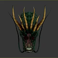 Game Movie Character Green Dragon Head With Golden Horns Red Eyes And Sharp Fangs