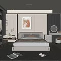 Elegant Modern Bedroom Interior Design With Framed Art Pendant Lights And Dressing Table
