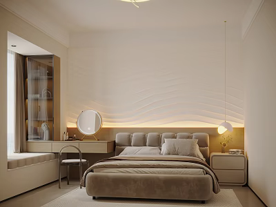 Modern Minimalist Bedroom Interior With Wavy Texture Wall Upholstered Bed Hanging Lamp And Dressing Table 3d model