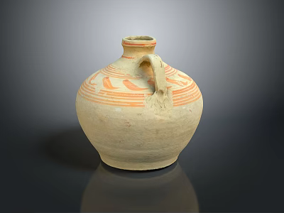 Artisanal Hand Carved Clay Vessel With Orange Painted Patterns And Decorative Handle 3d model