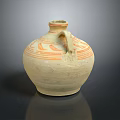 Artisanal Hand Carved Clay Vessel With Orange Painted Patterns And Decorative Handle
