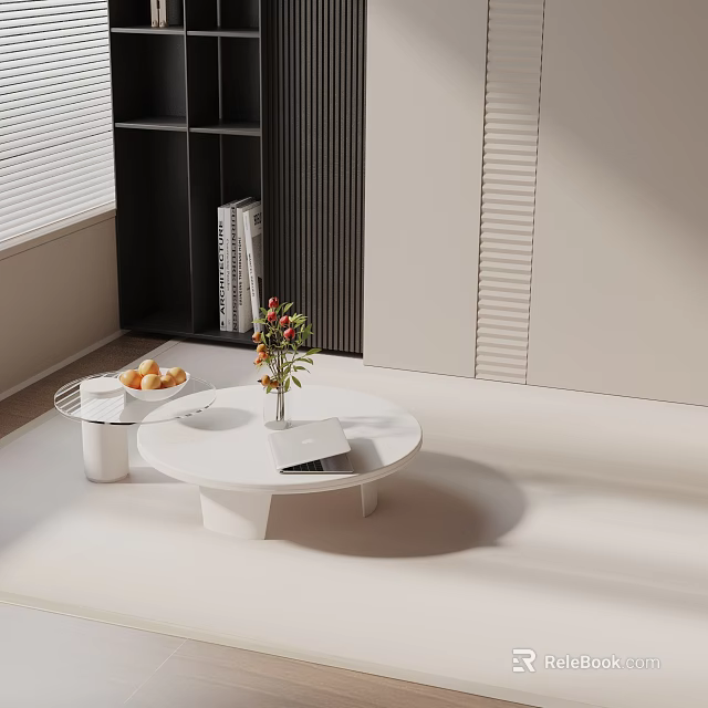 Minimalist Sofa Coffee Table Set with White Round Table Vase Flowers Fruit Bowl and Book 3d model 