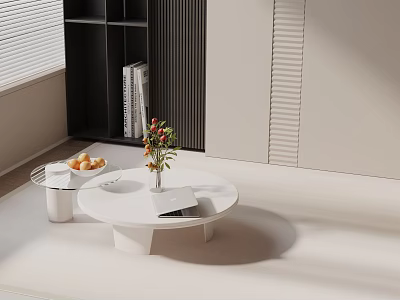 Minimalist Sofa Coffee Table Set with White Round Table Vase Flowers Fruit Bowl and Book 3d model