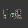 Green Robot Standing Between Metal Racks With Red Items And Yellow Crates