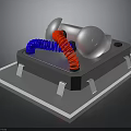 Mechanical Device Structure With Gray Base Silver Spheres Blue Red Coils And White Support Legs