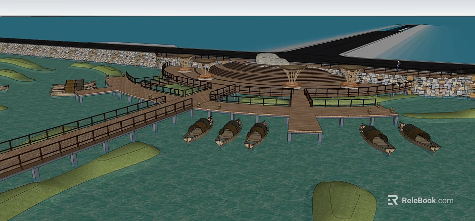 Serene Garden Landscape With Wooden Boardwalk Boats Water Pavilions And Stone Edges 3d model 