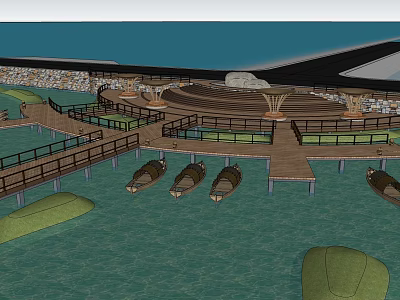 Serene Garden Landscape With Wooden Boardwalk Boats Water Pavilions And Stone Edges 3d model