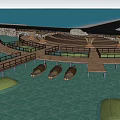 Serene Garden Landscape With Wooden Boardwalk Boats Water Pavilions And Stone Edges