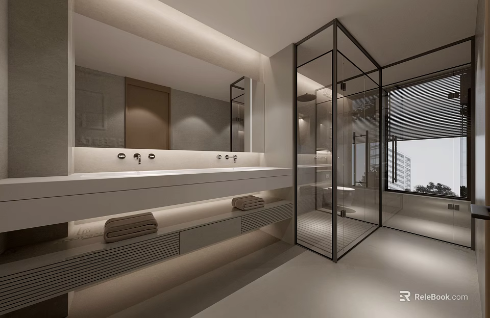 Modern Bathroom Interior Design With Glass Shower Enclosure Large Mirror Vanity Counter And Towels 3d model 
