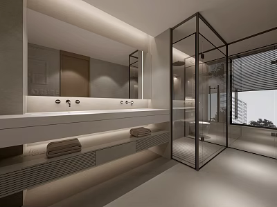 Modern Bathroom Interior Design With Glass Shower Enclosure Large Mirror Vanity Counter And Towels 3d model