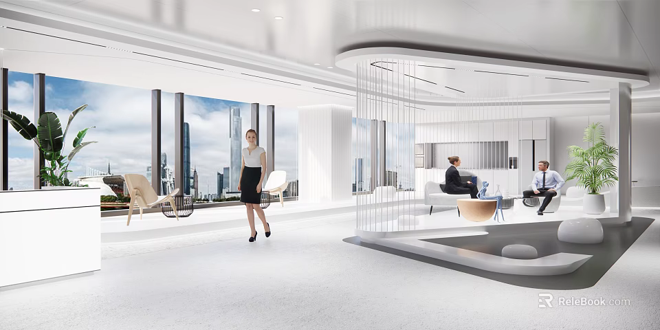 Modern Office Reception Area With Receptionist And City View Through Large Windows 3d model 