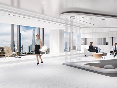 Modern Office Reception Area With Receptionist And City View Through Large Windows 3d model
