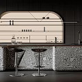 Modern Bar Counter With Marble Countertop Arched Wall Dark Wooden Cabinets And Bar Stools