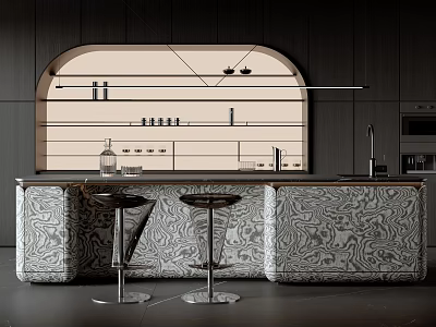 Modern Bar Counter With Marble Countertop Arched Wall Dark Wooden Cabinets And Bar Stools 3d model