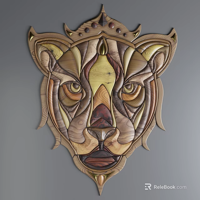 Wooden Lion Head Carved Wall Decor With Multicolored Wood Grain And Detailed Facial Features 3d model 