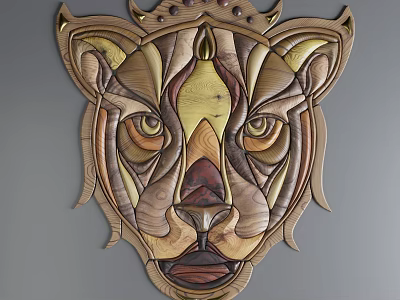 Wooden Lion Head Carved Wall Decor With Multicolored Wood Grain And Detailed Facial Features 3d model