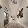 Elegant Shopping Mall Corridor With Arched Doorways Chandeliers And Marble Flooring