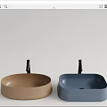 Multiple Modern Washbasins In Various Colors Round And Square Shapes With Black Faucets