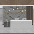 Modern White Reception Desk With Marble Wall Hanging Lights And Green Plant Decor