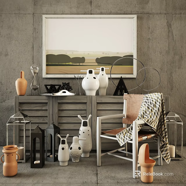 Stylish Console Table Decor With Vases Sculptures And Wall Painting In Living Room 3d model 