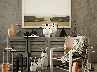 Stylish Console Table Decor With Vases Sculptures And Wall Painting In Living Room 3d model