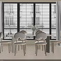 Modern Dining Table With Four Chairs Flower Vase Fruits Bright Window Blinds And Curtains