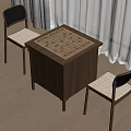 Wooden Chessboard Table Setup With Two Woven Seat Chairs On Wooden Floor And White Curtains