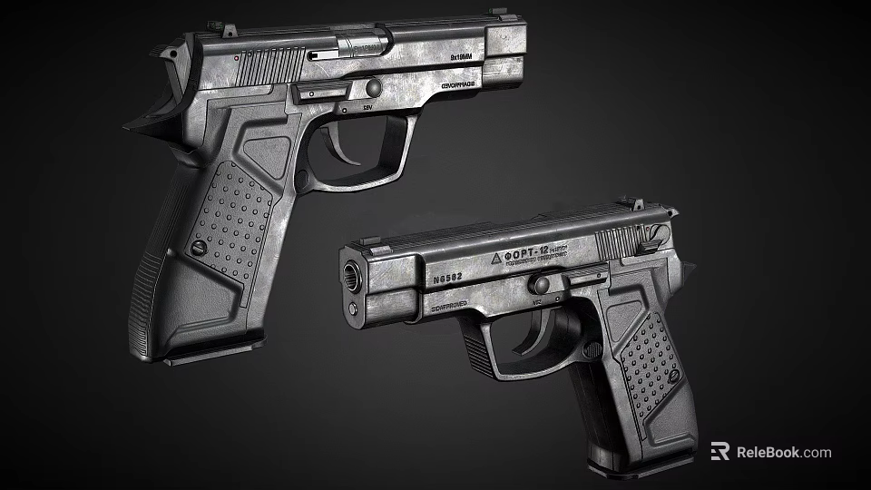 Modern Black Tactical Pistols With Metallic Texture Ergonomic Grip And A STRIKE Design 3d model 