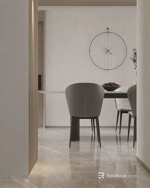 Minimalist Modern Dining Room Interior With Grey Chairs Dining Table Wall Clock And Marble Floor 3d model 