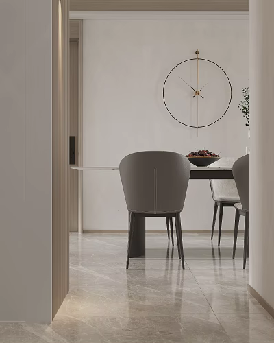 Minimalist Modern Dining Room Interior With Grey Chairs Dining Table Wall Clock And Marble Floor 3d model