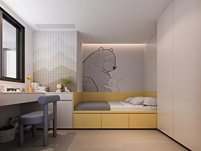 Modern Tatami Bedroom With Desk Chair Bear Wall Art Yellow Storage Window And Potted Plant 3d model