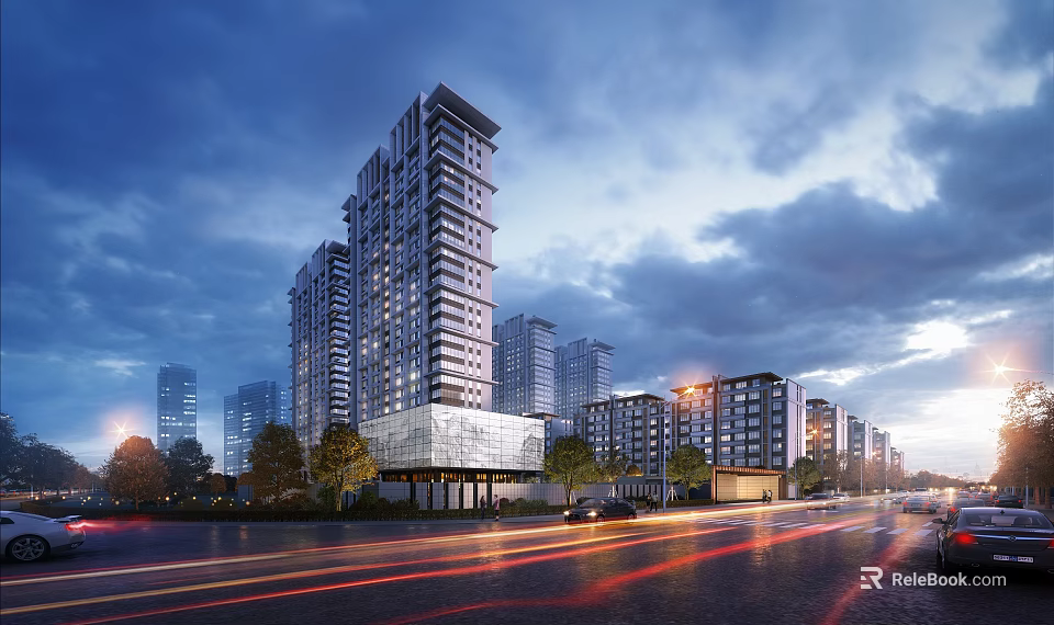 Modern High Rise Residential Buildings with Urban Street Trees Evening Lighting and Traffic Trails 3d model 
