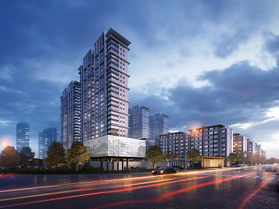 Modern High Rise Residential Buildings with Urban Street Trees Evening Lighting and Traffic Trails 3d model