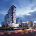 Modern High Rise Residential Buildings with Urban Street Trees Evening Lighting and Traffic Trails