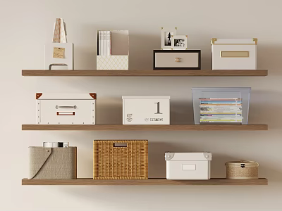 Various Storage Baskets and Boxes on Wooden Shelves for Home Organization 3d model