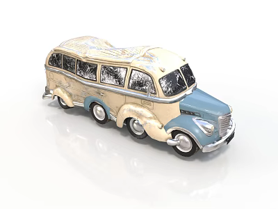 Vintage Cream And Blue Toy Bus With Rounded Body Multiple Windows And White Wheels 3d model