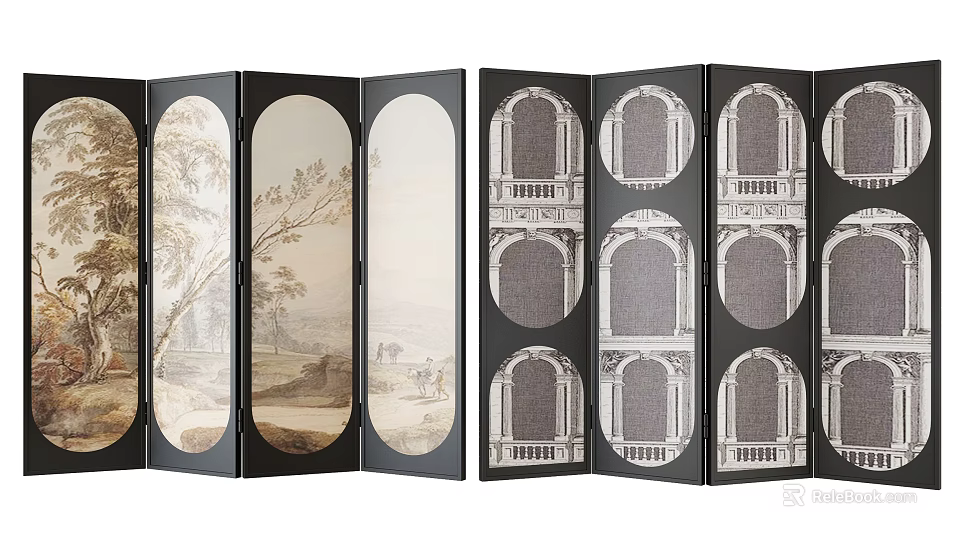 Artistic Folding Screen With Landscape Paintings And Architectural Arch Patterns 3d model