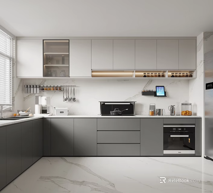 Modern Kitchen Interior Design With Gray And White Cabinets White Countertop Appliances And Hanging Utensils 3d model 