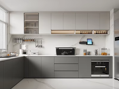 Modern Kitchen Interior Design With Gray And White Cabinets White Countertop Appliances And Hanging Utensils 3d model