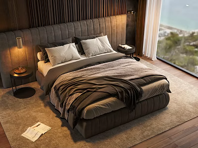 Modern Double Bed with Upholstered Headboard and Bedding Near Window View and Wooden Floor 3d model