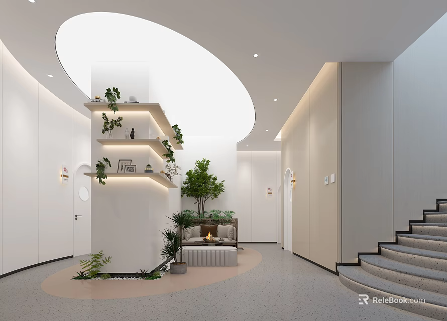 Elegant Modern Lounge Area Interior with Round Ceiling Green Plants Sofa and Stairs 3d model 