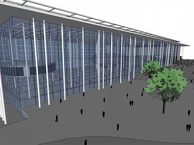 Modern Glass Curtain Wall Building Surrounded By Square Pedestrians And Trees 3d model