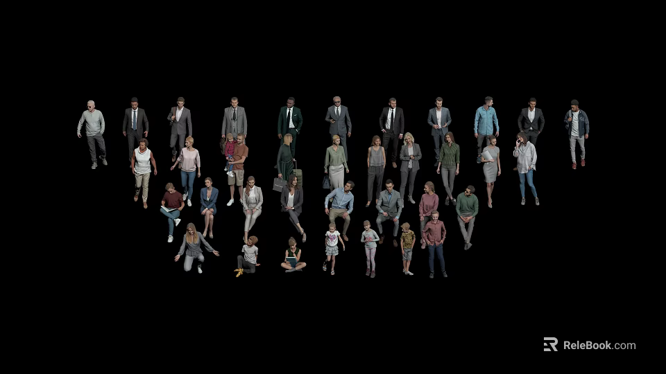 Diverse Group of People in Various Ages and Clothing Standing on Black Background 3d model 